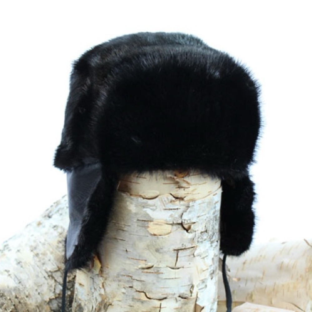 NWOT Black and Navy blue Faux Fur Trapper Hat, 45% wool muskrat wool, hunter